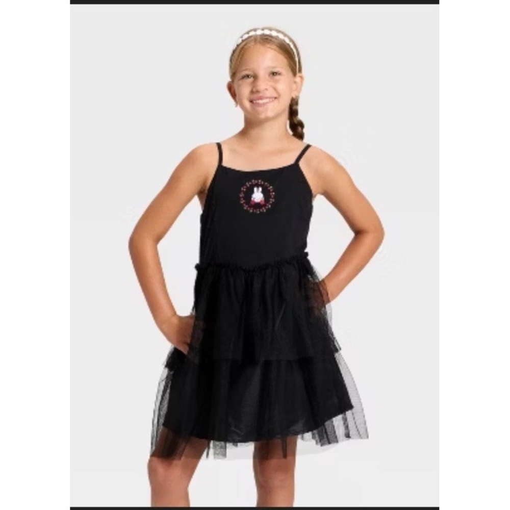 Girls' Miffy Embroidery Tulle Black Dress Rabbit Spaghetti Straps‎ Black XL